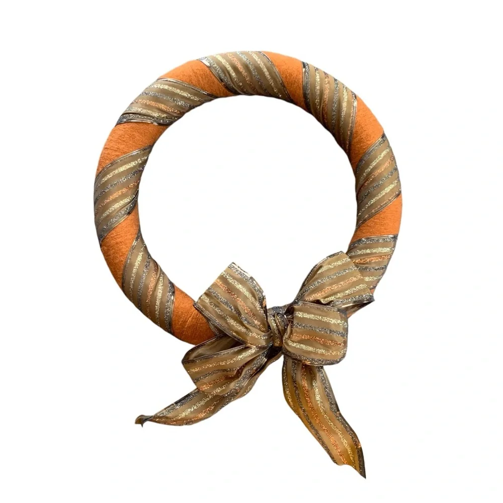 Orange Foam Wreath with Tan & Brown Sheer Glitter Ribbon and Bow